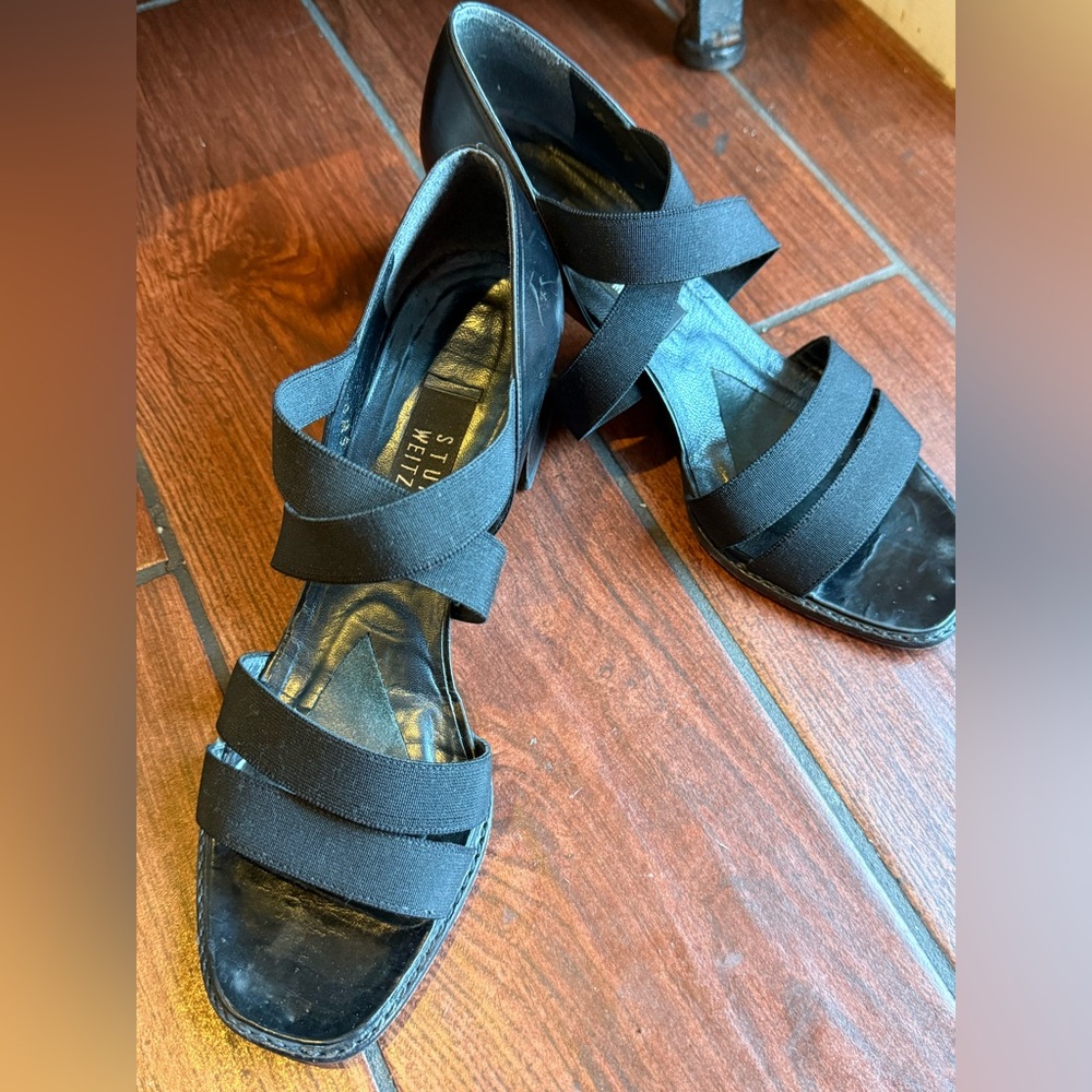 Stuart Weitzman Vintage Satin Block Heel Strappy Elastic Pumps Black Sandals